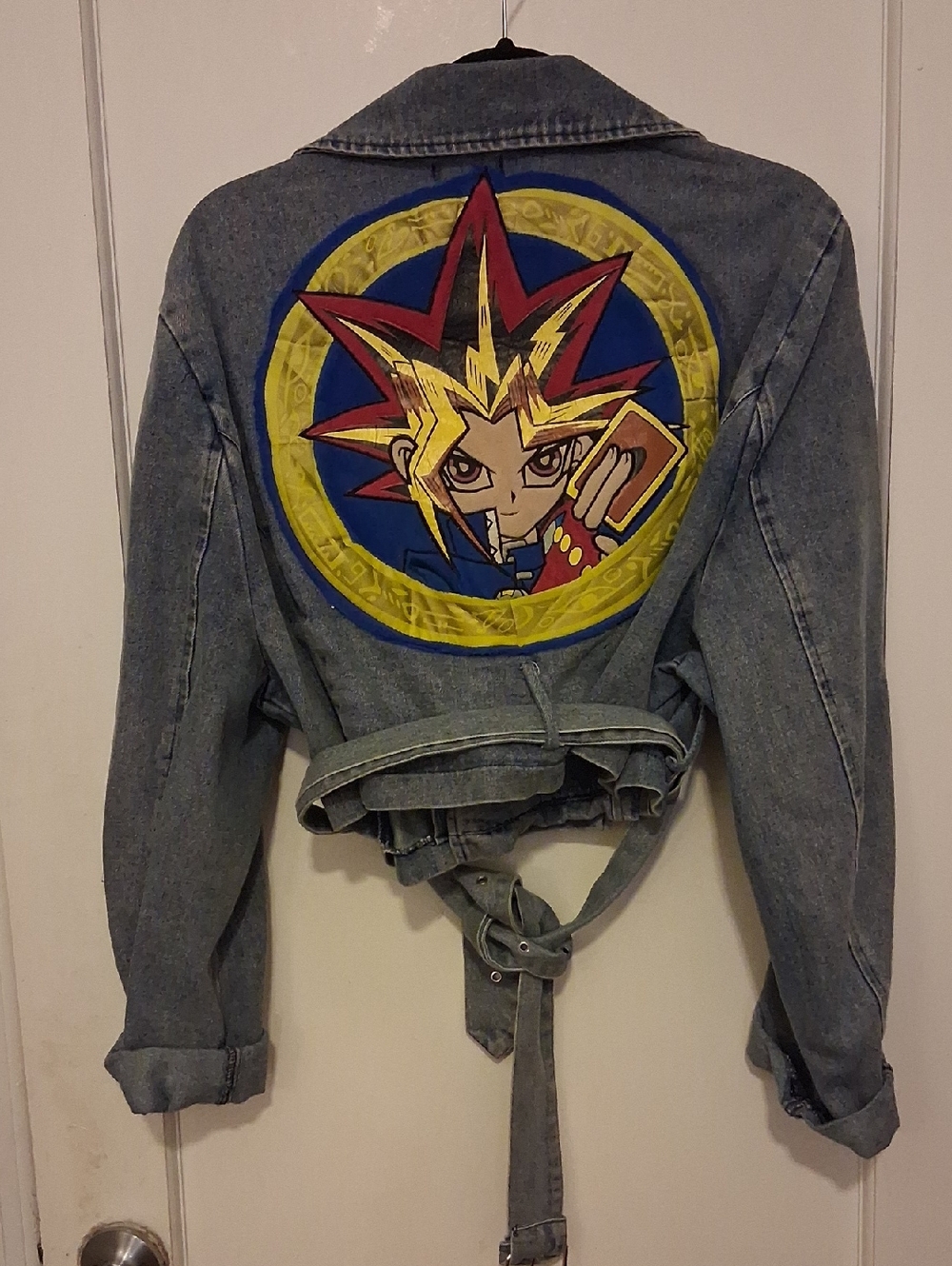 Upcycled PrettyLittleThing denim asymmetrical jacket Yugi Muto patch on back XL